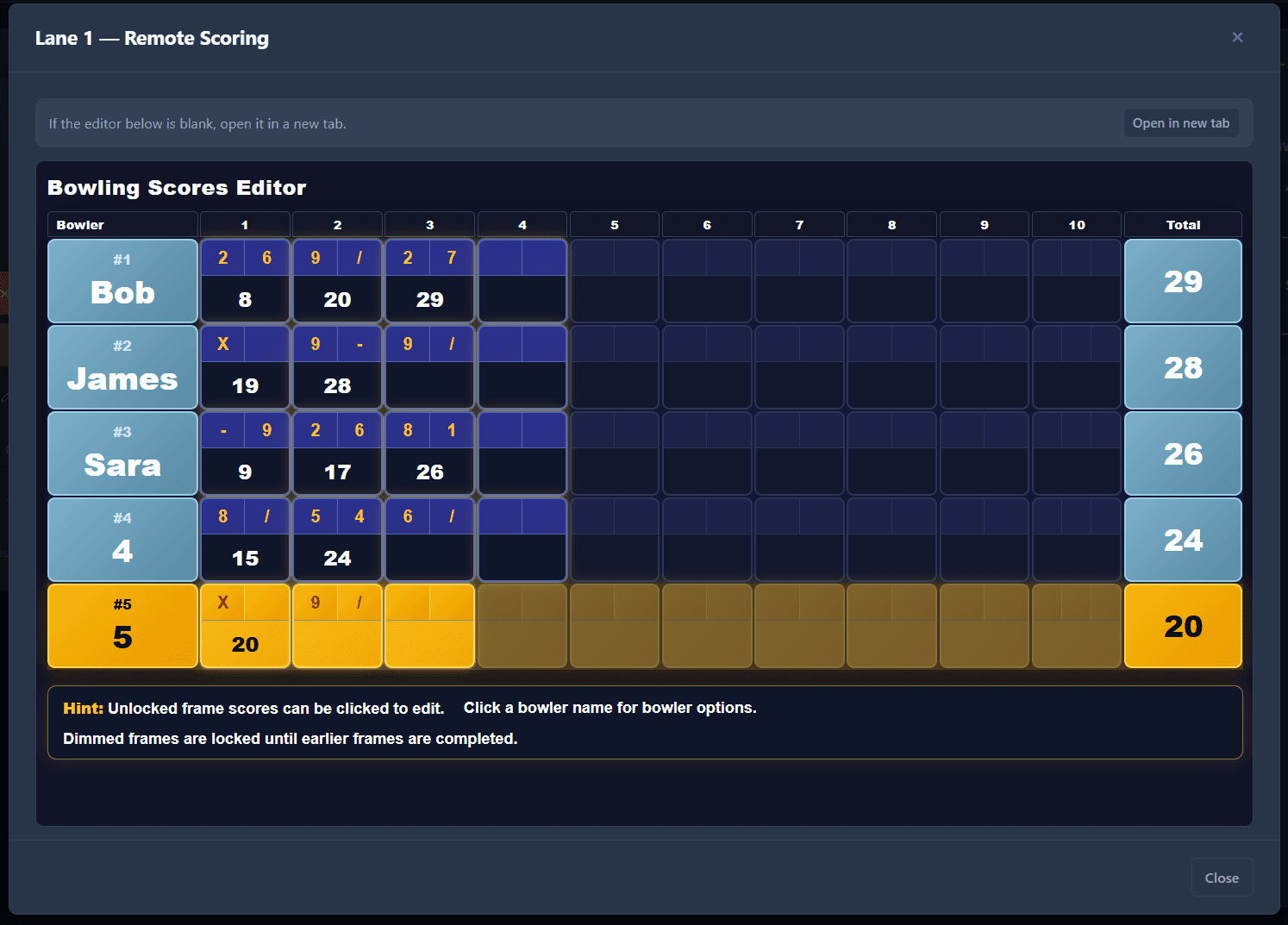 Remote scoring editor showing frame by frame scores for five bowlers