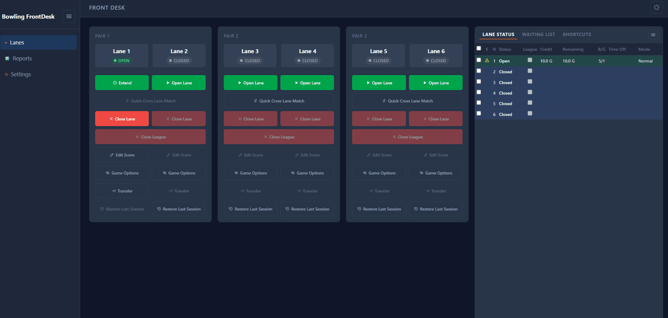 Front desk lane control screen showing lane pairs and live lane status