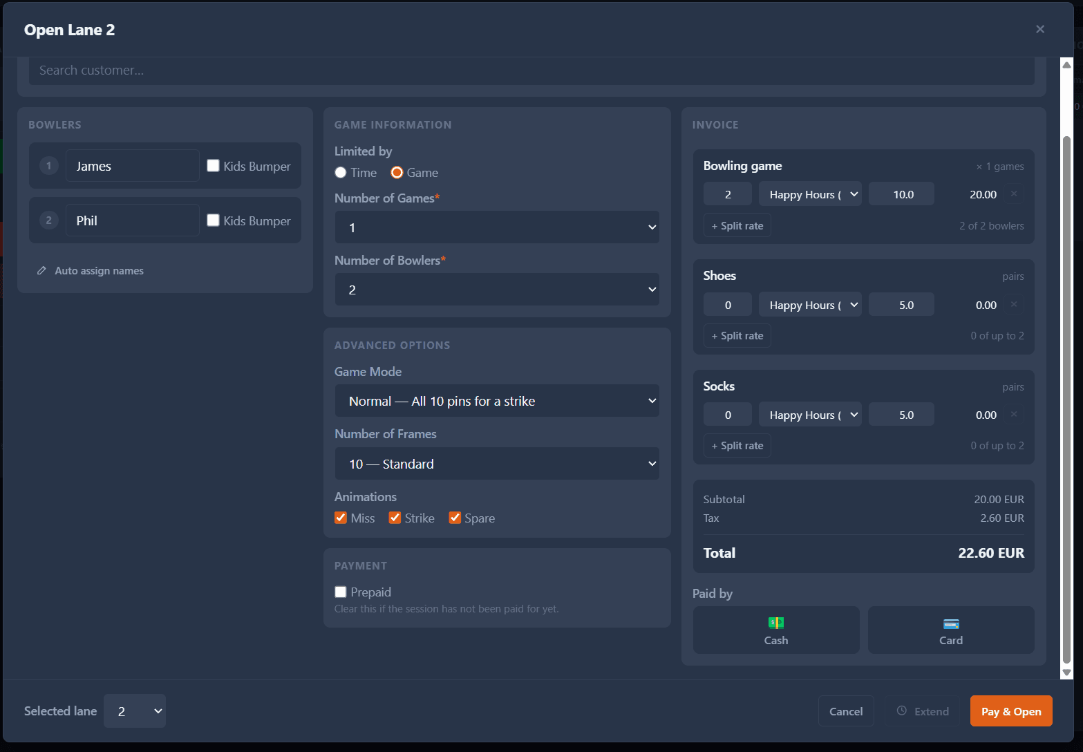 Open lane dialog with bowler names, game options, and an itemised invoice