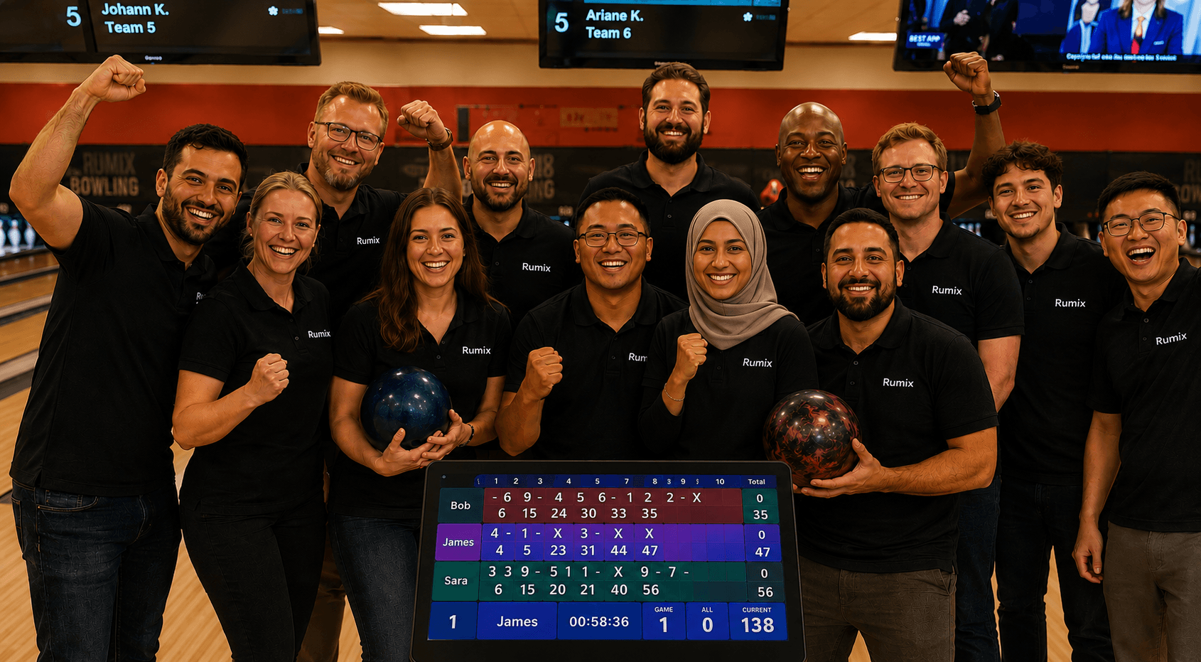 A league team in Rumix shirts celebrating on the lanes in front of a scoring screen