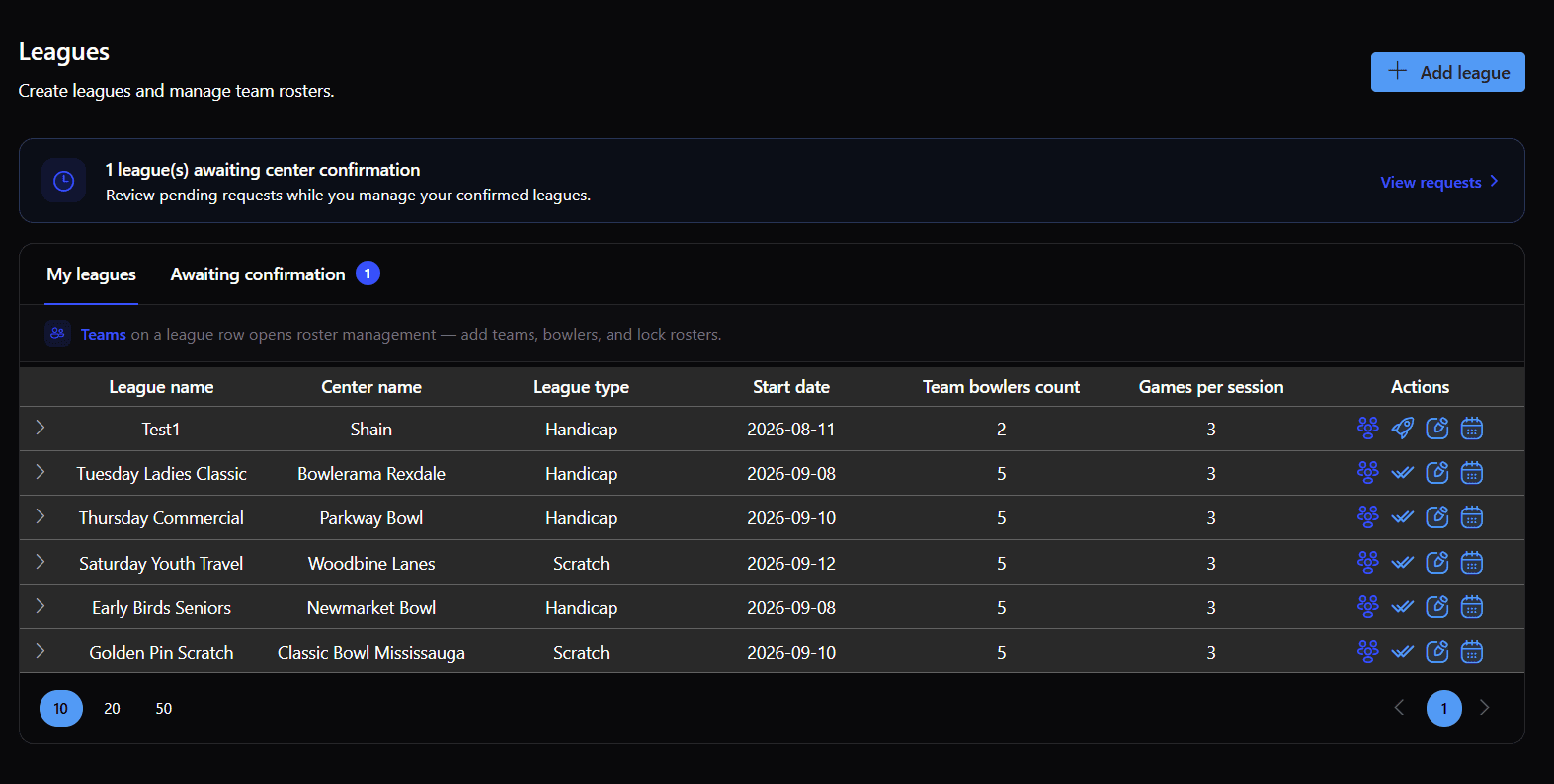 League list showing confirmed leagues and one league awaiting center confirmation