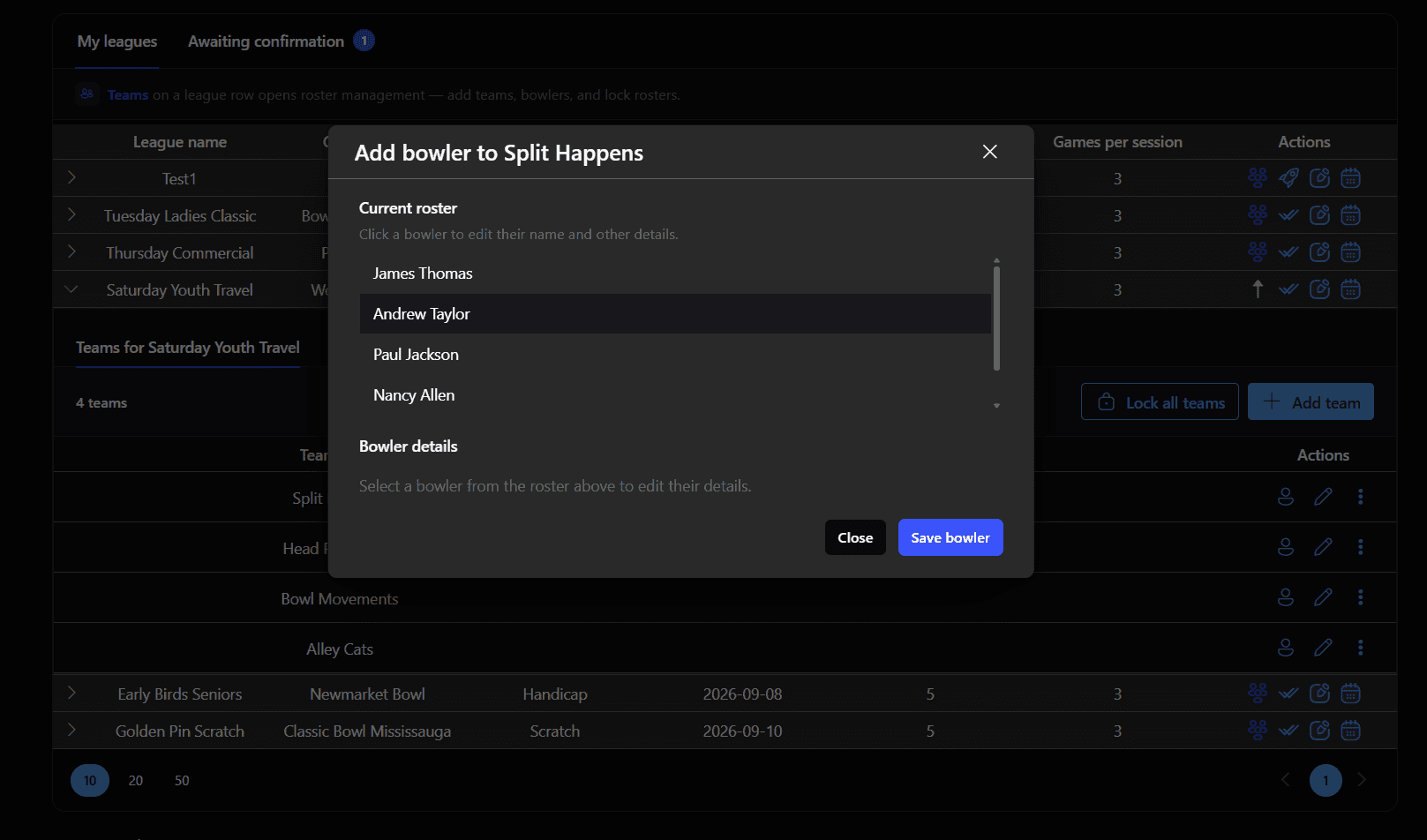 Roster management with teams and a dialog for adding a bowler to a team