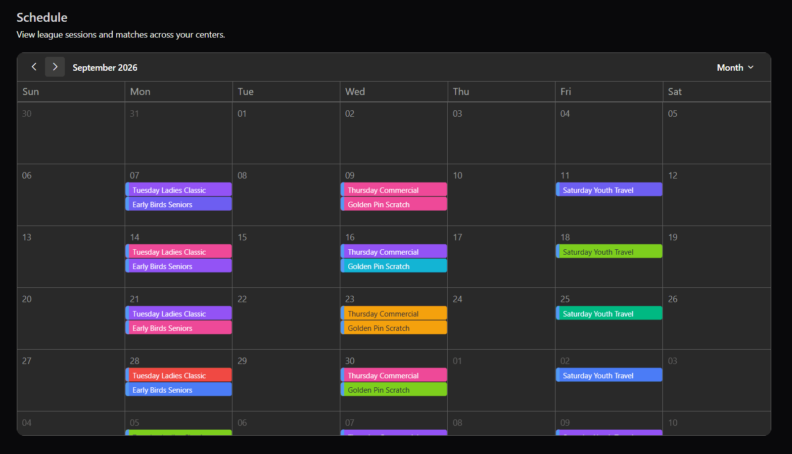 Monthly calendar showing league sessions across the month