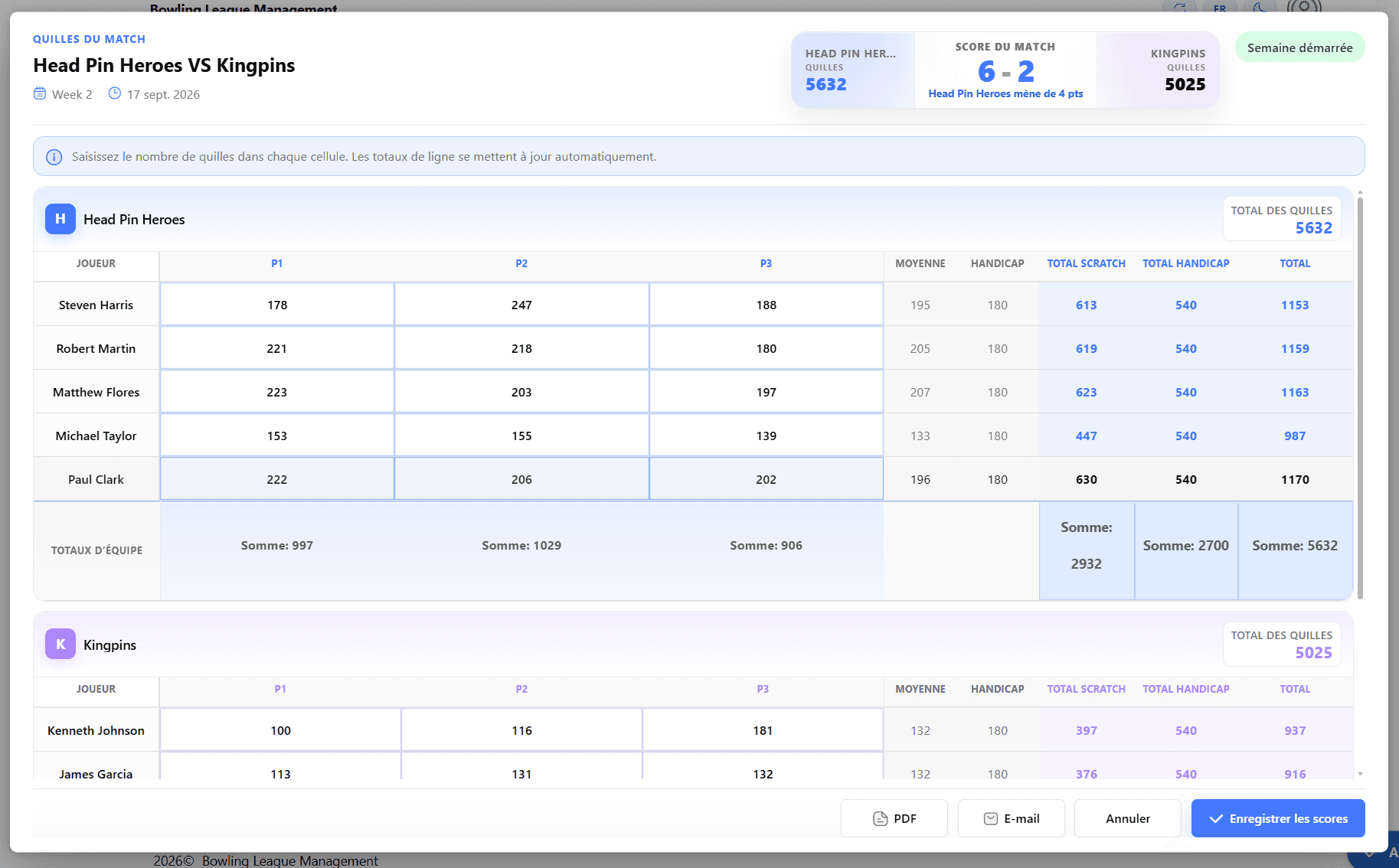 Score entry screen shown in French with the light color theme
