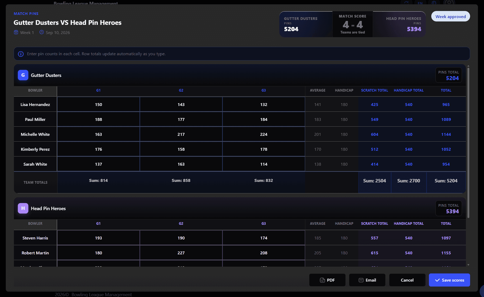 Match score entry sheet with live totals and match score updating as scores are typed