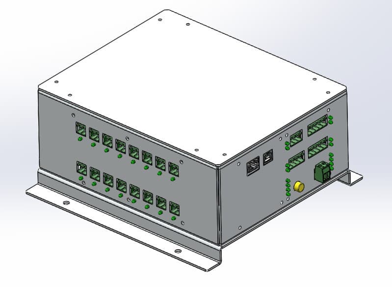 Controller enclosure panel with two rows of connectors and indicator LEDs