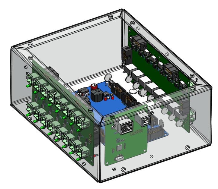 Internal layout of the pinsetter controller showing separated logic, relay, and power sections