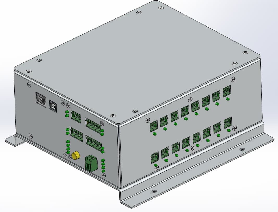 Rumix pinsetter controller enclosure showing panel connectors and status LEDs