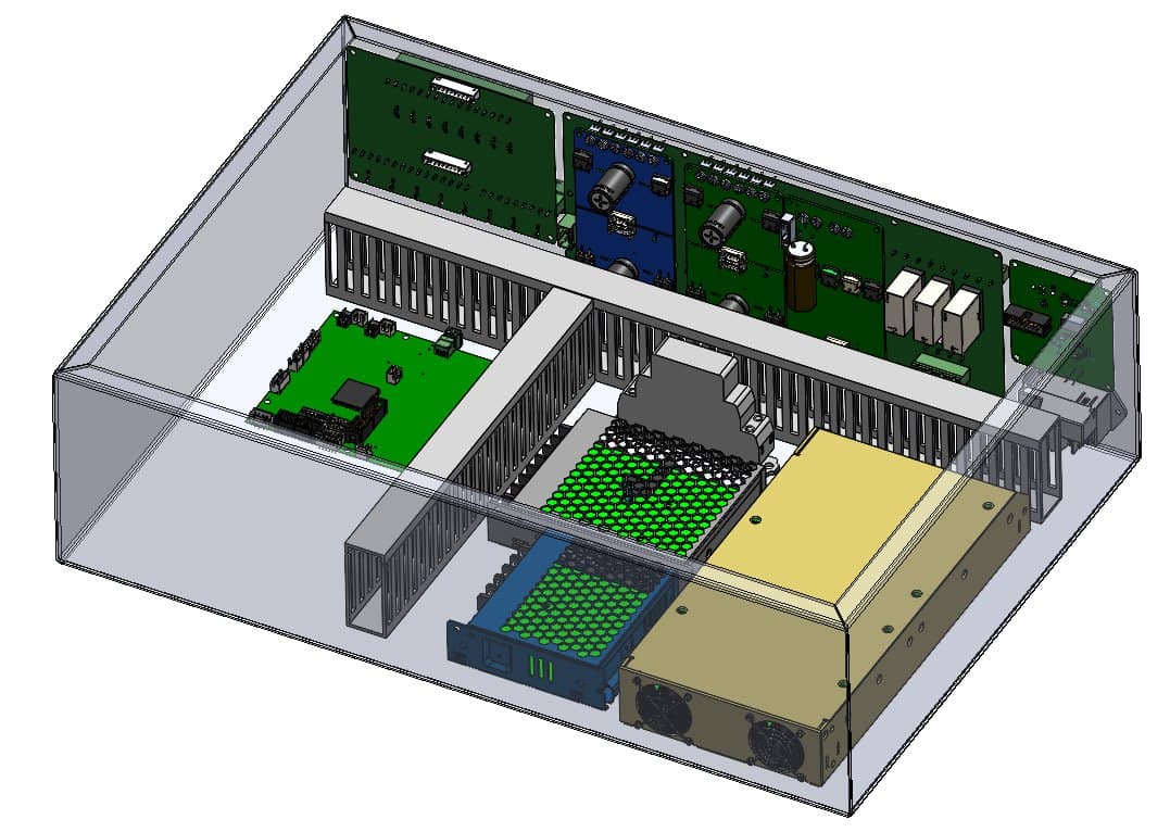 Controller assembly showing control board, motor drivers, and power supplies mounted together