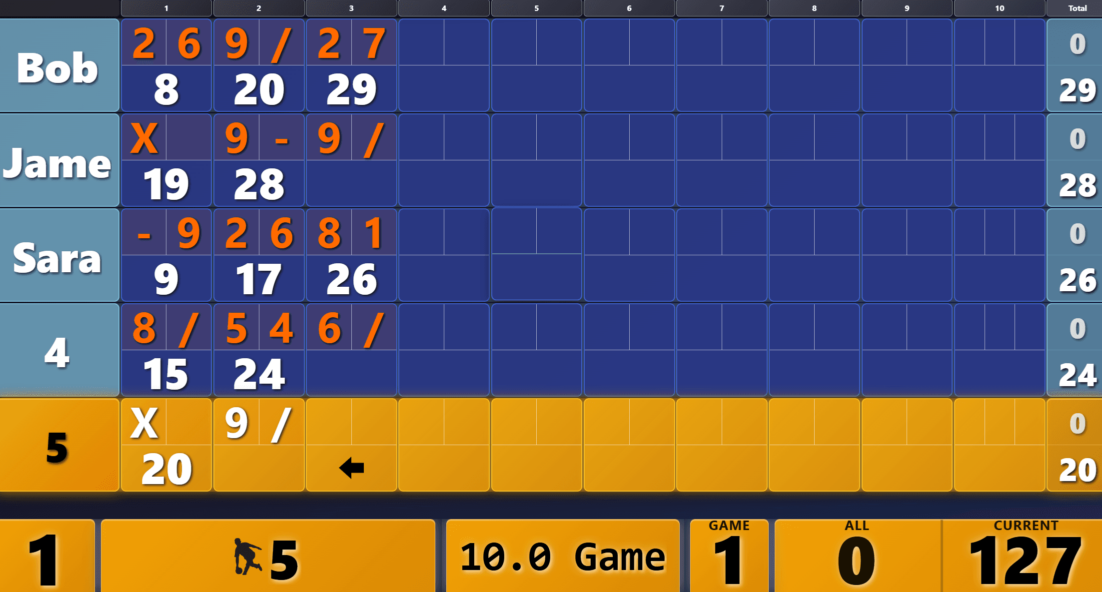 Bowling scoring display in a blue and amber theme