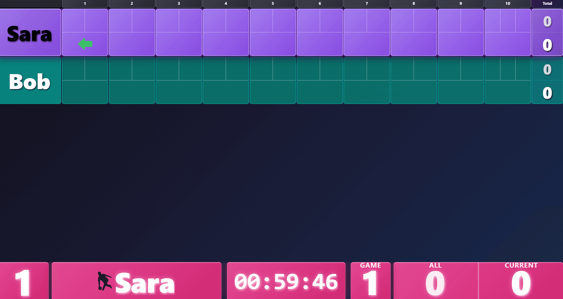 Bowling scoring display in a violet, teal, and pink theme