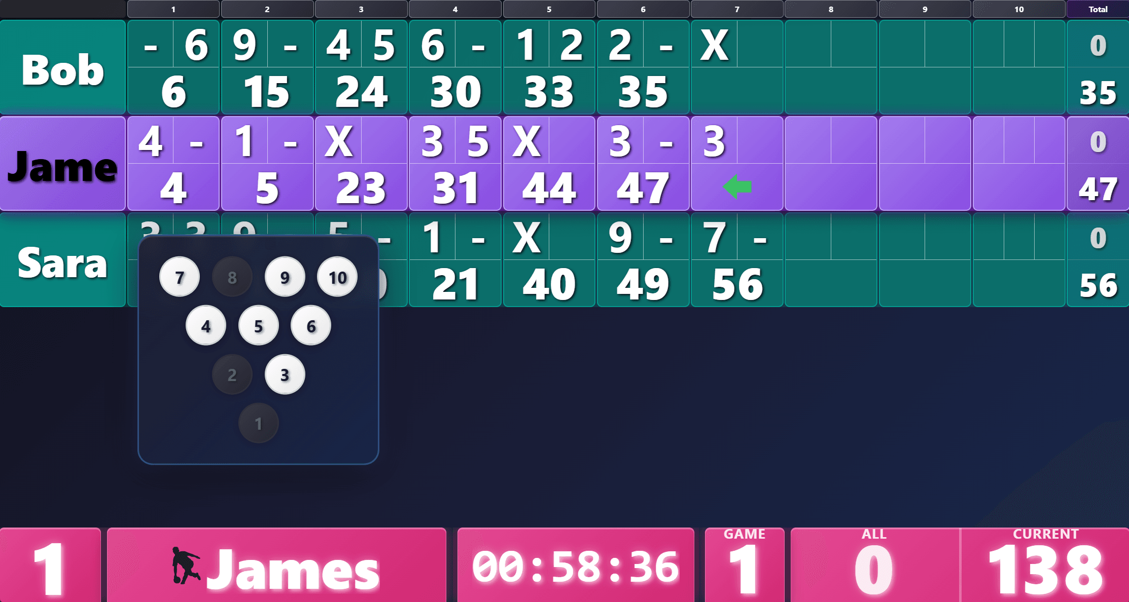 Bowling scoring display in teal and violet with the pin selector open