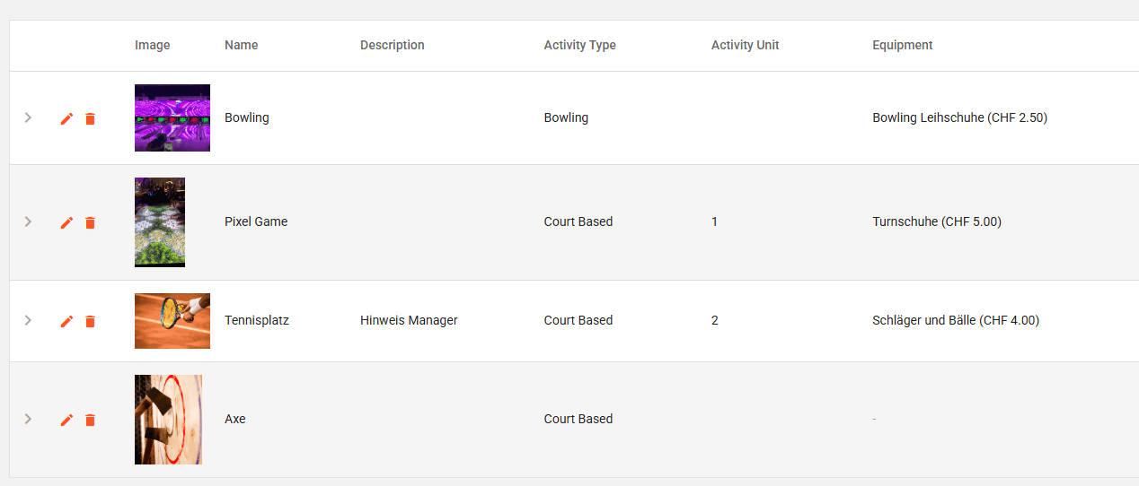 Activity configuration list with bowling, pixel game, tennis court, and axe throwing