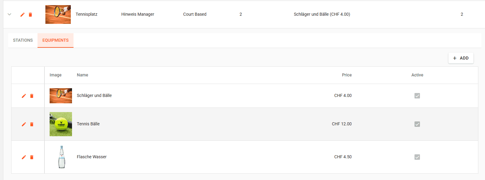 Equipment list for a tennis court with rental prices in Swiss francs