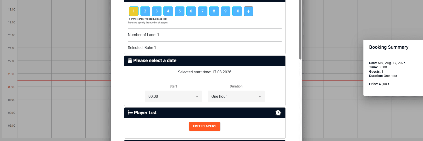 Online booking flow with player count, lane selection, date, and a live booking summary