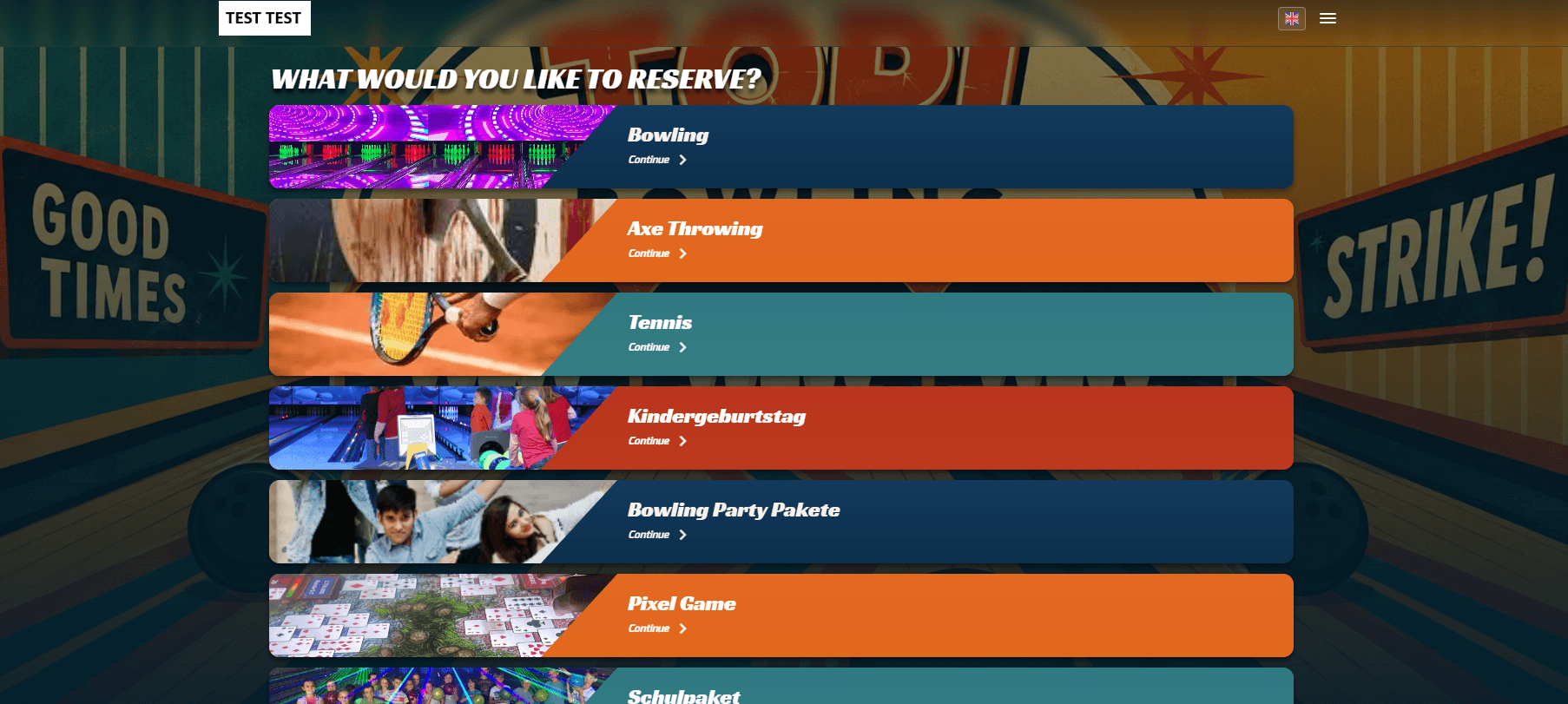TigerHx online booking start page listing bowling, axe throwing, tennis, and party packages