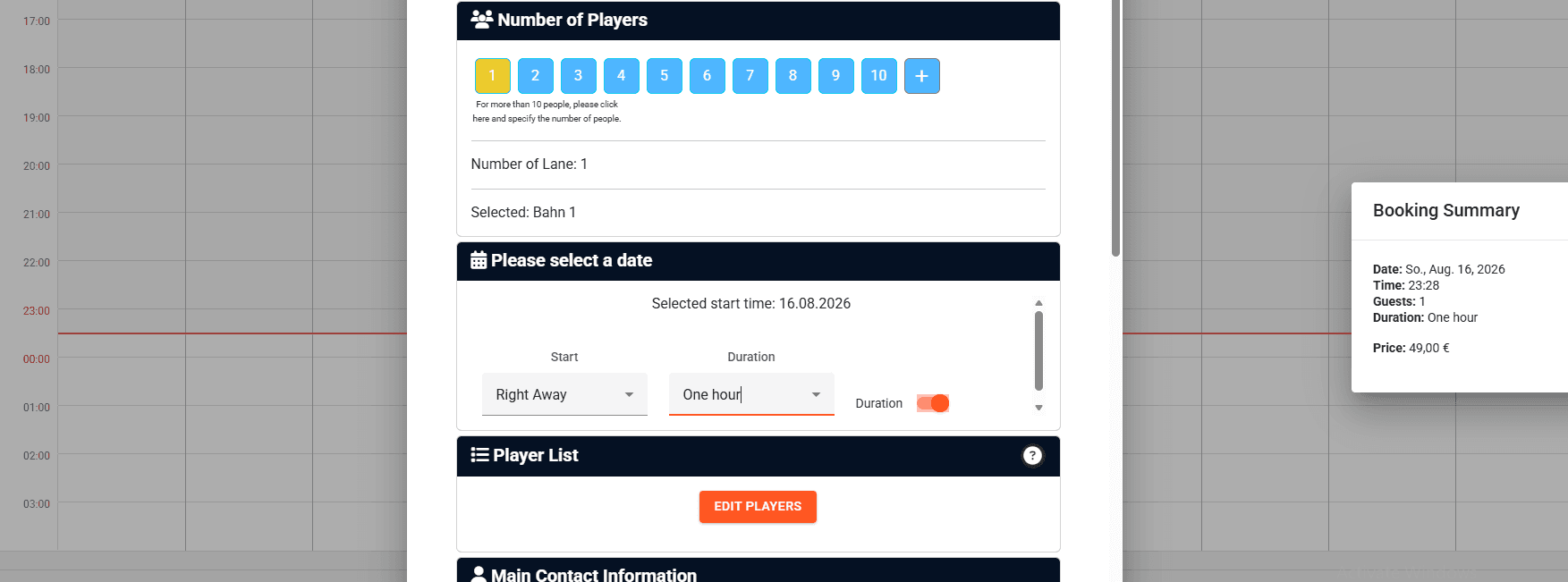 Online booking flow with a right-away start time and a duration toggle