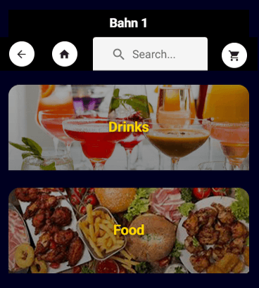 Guest phone view for lane one with food and drinks categories