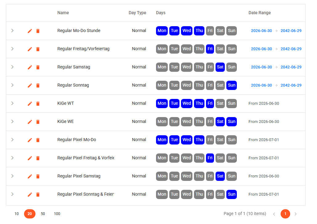 Slot plan list with per-weekday schedules and date ranges