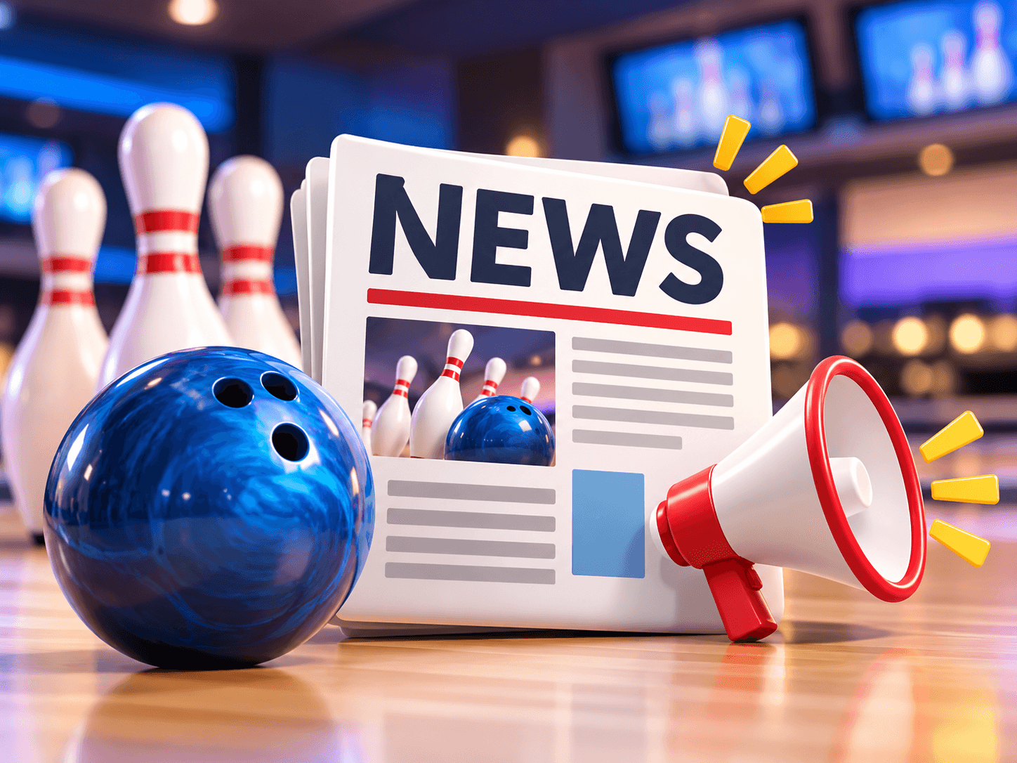 Bowling pins, a blue bowling ball, and a newspaper headlined NEWS on a bowling lane